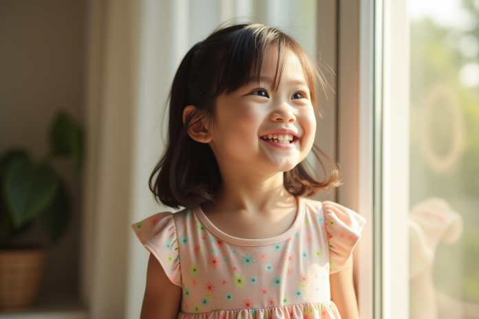 jeune-fille-souriante-lumiere-naturelle Jeune fille joyeuse près d'une fenêtre en lumière naturelle
