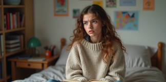 Jeune fille de 15 ans pensant dans sa chambre avec journal