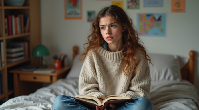 Crise d’adolescence : Durée, symptômes et conseils pour y faire face Jeune fille de 15 ans pensant dans sa chambre avec journal