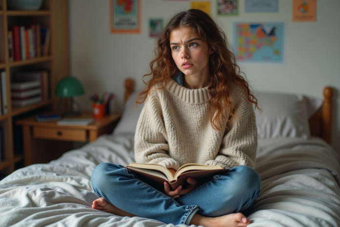 Jeune fille de 15 ans pensant dans sa chambre avec journal