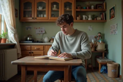 Jeune homme concentré lisant un carnet dans une cuisine chaleureuse