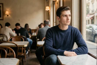 Jeune homme pensif attablé seul dans un café parisien, regard tourné vers la fenêtre, ambiance intime et mélancolique