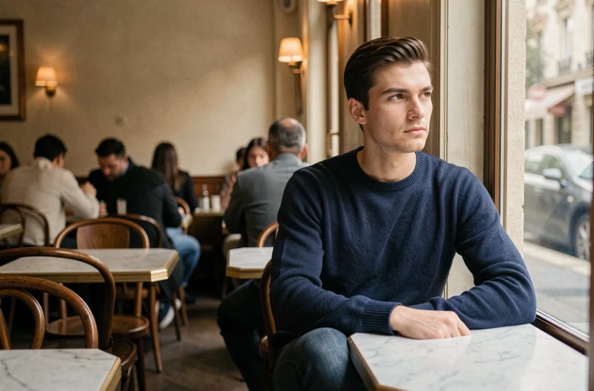 Jeune homme pensif attablé seul dans un café parisien, regard tourné vers la fenêtre, ambiance intime et mélancolique