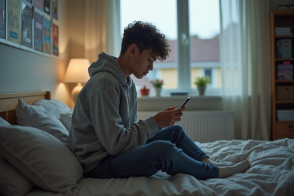 Adolescent anxieux sur son lit avec téléphone dans sa chambre