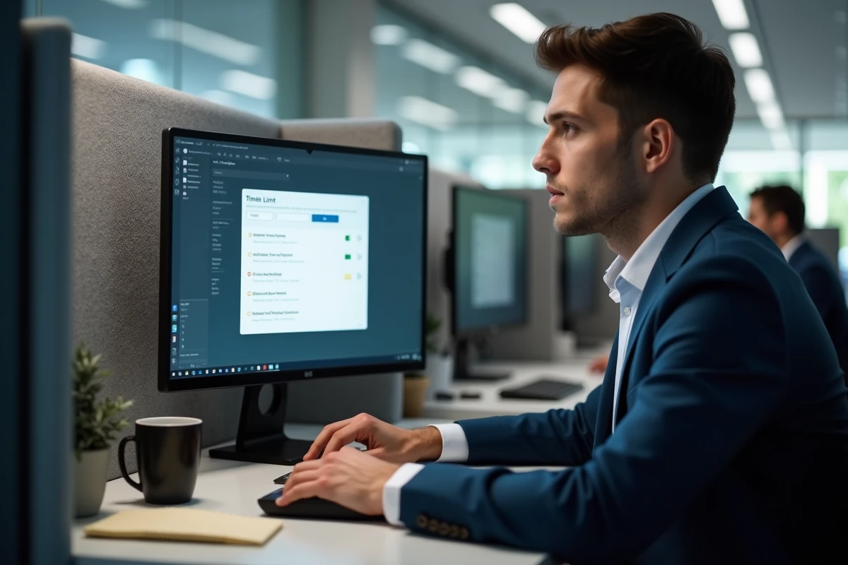 Jeune homme en costume réglant un moniteur au bureau