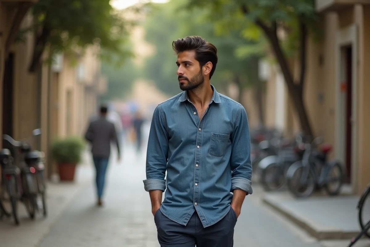 Jeune homme nord-africain marche dans une rue urbaine