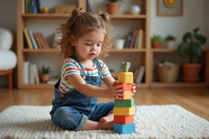 Petite fille de 4 ans qui empile des cubes en bois colorés sur un parquet en chêne dans un salon chaleureux