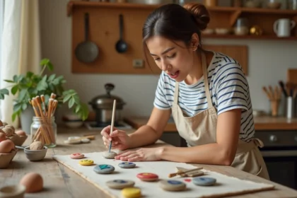 Femme créant des jeux de société faits maison avec des galets peints et du matériel de récupération sur une table de cuisine