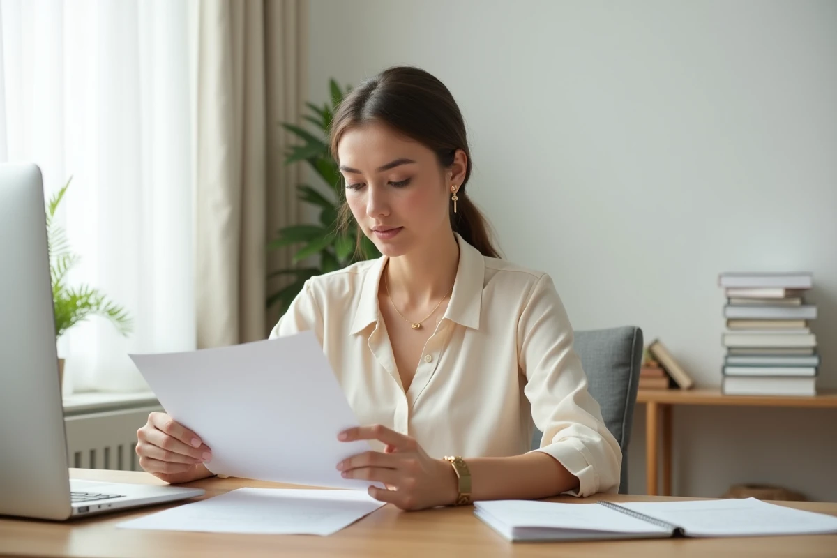 Femme journaliste concentrée à son bureau à domicile, symbole de la séparation entre vie professionnelle et vie privée