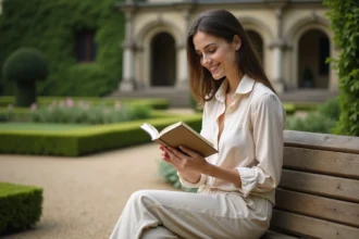 Femme se relaxant dans un jardin à la française en Île-de-France lors d'une journée détente