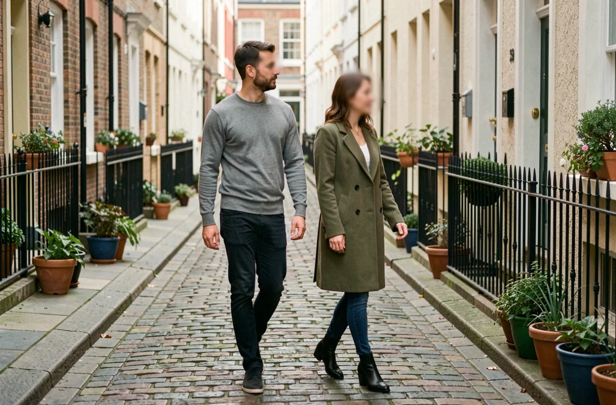 Couple marchant côte à côte dans une rue résidentielle paisible, visages flous, évoquant la vie privée et la discrétion d'une personnalité médiatique et de son compagnon