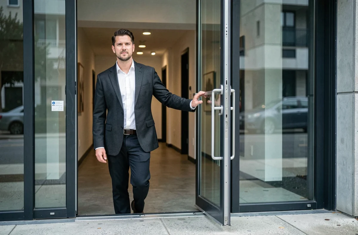 Homme se tenant à l'entrée d'un immeuble moderne, posture de frontière entre espace public et vie privée, illustrant les limites qu'une personnalité pose face aux médias