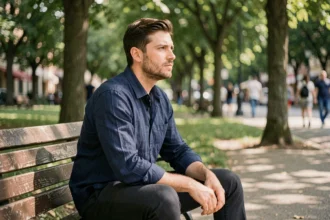Homme trentenaire assis seul sur un banc de parc, regard tourné vers l'horizon, illustrant la vie privée et la discrétion de Jules Torres
