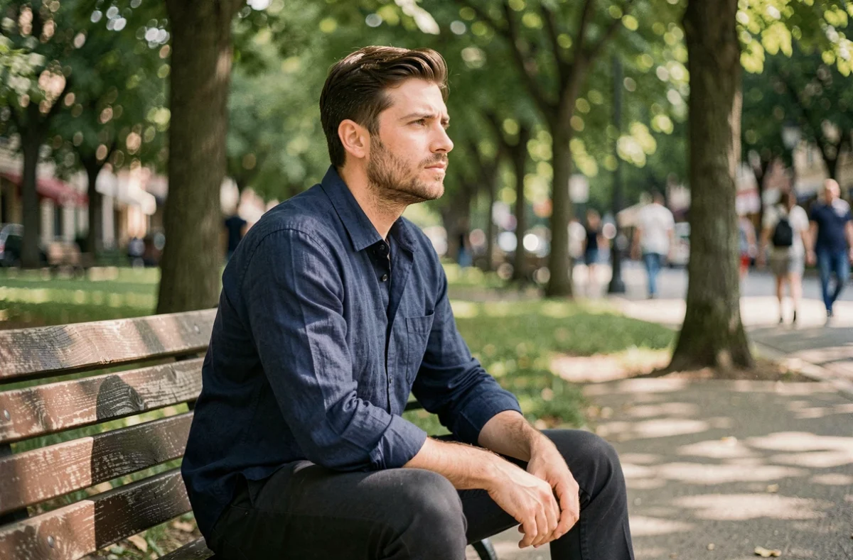 Homme trentenaire assis seul sur un banc de parc, regard tourné vers l'horizon, illustrant la vie privée et la discrétion de Jules Torres