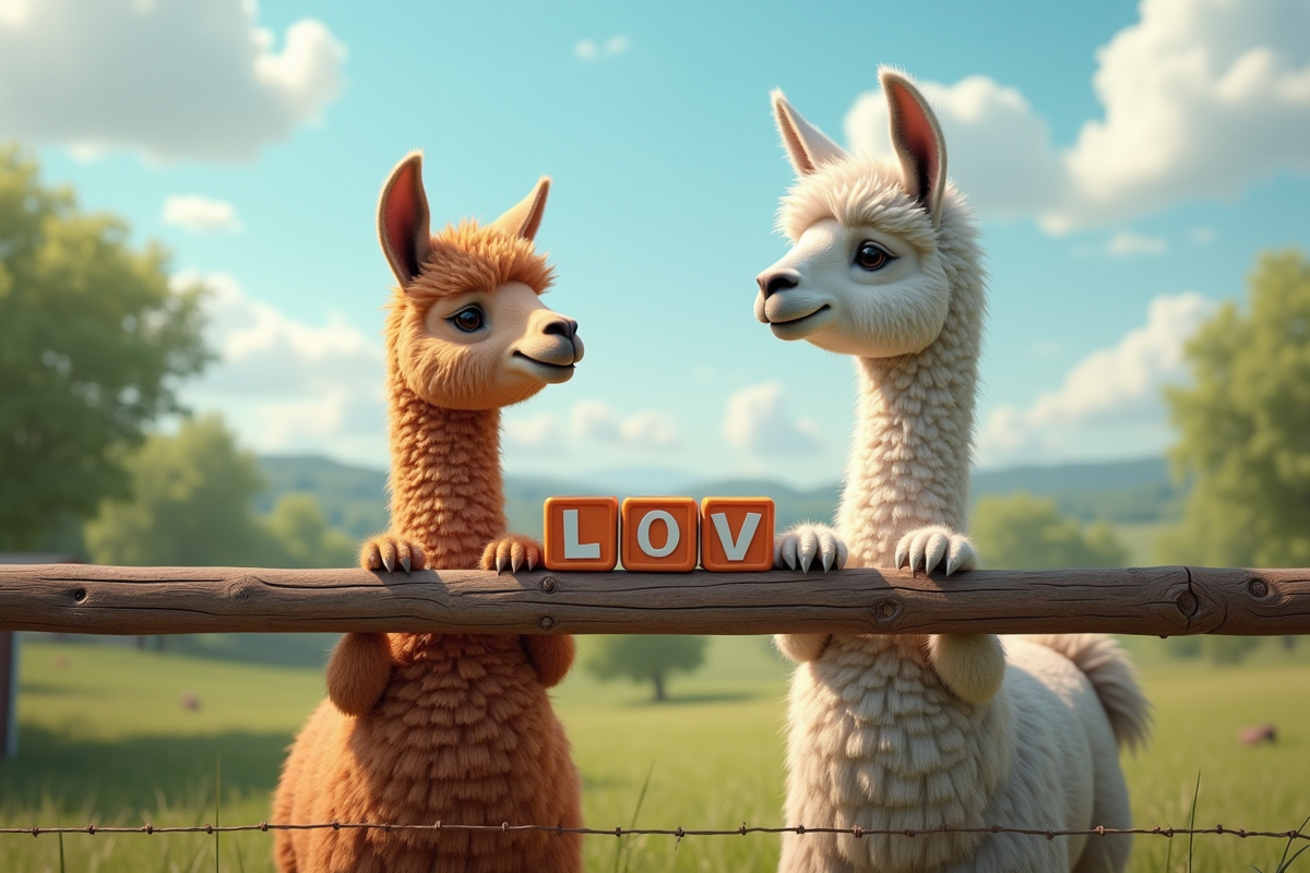 Lamas jouant près de blocs alphabet avec la lettre L en plein jour