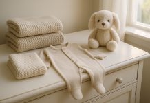 Photo hyperrealiste d'une layette de bébé neuve bien rangée sur une commode blanche