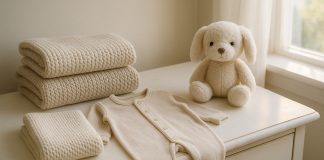 Photo hyperrealiste d'une layette de bébé neuve bien rangée sur une commode blanche