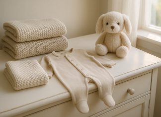 Préparer son trousseau de naissance pour les nuits fraîches Photo hyperrealiste d'une layette de bébé neuve bien rangée sur une commode blanche