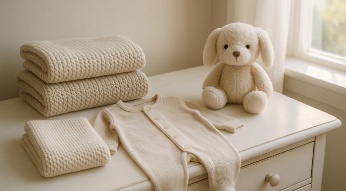 Préparer son trousseau de naissance pour les nuits fraîches Photo hyperrealiste d'une layette de bébé neuve bien rangée sur une commode blanche