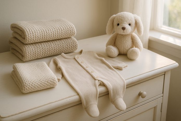 Photo hyperrealiste d'une layette de bébé neuve bien rangée sur une commode blanche