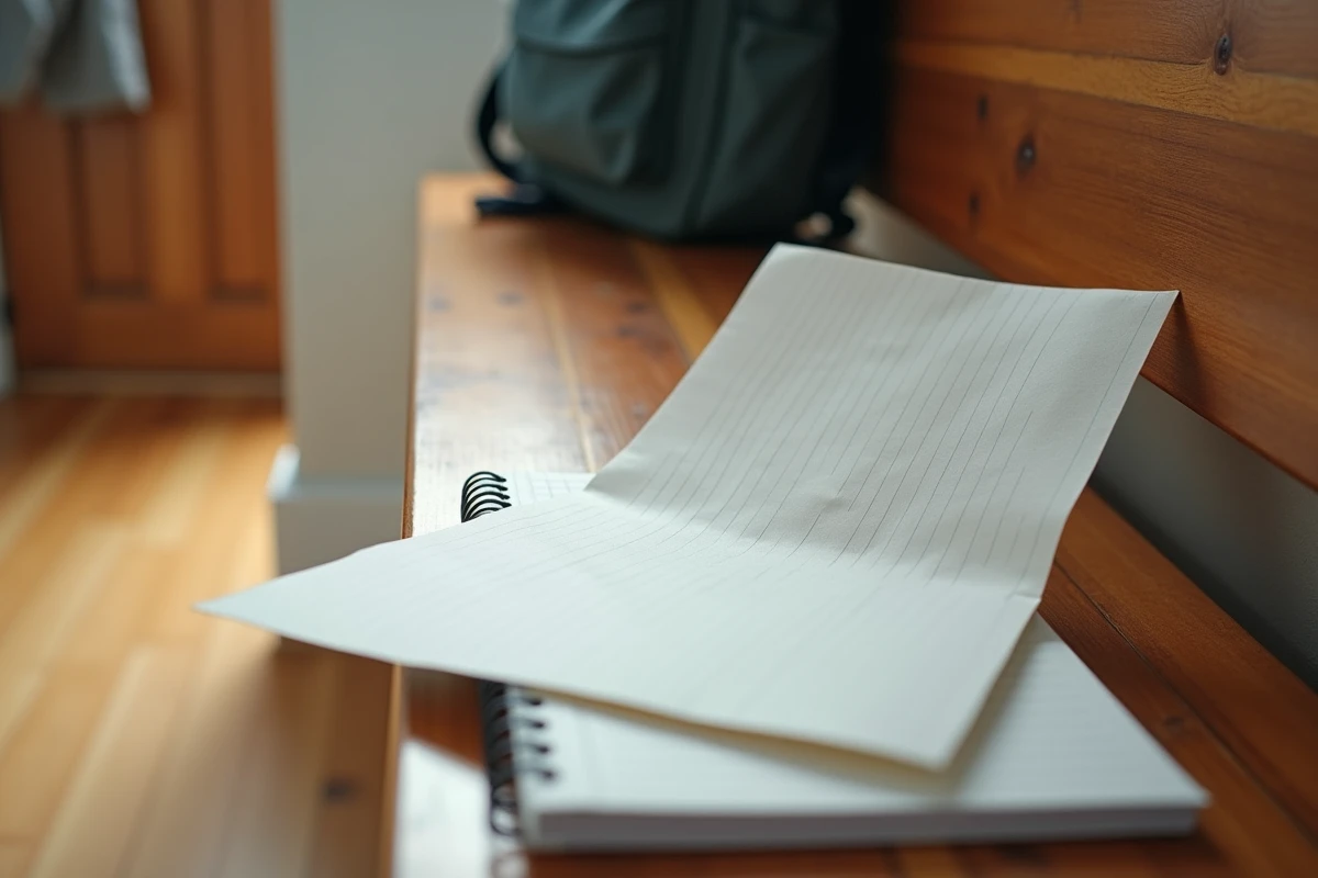 Lettre d'absence scolaire dans une enveloppe posée sur un cahier et un agenda d'élève près d'un sac à dos