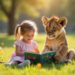 Jeune lionceau et petite fille lisant dans un parc ensoleille