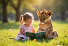 Jeune lionceau et petite fille lisant dans un parc ensoleille