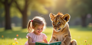 Jeune lionceau et petite fille lisant dans un parc ensoleille