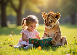 Jeune lionceau et petite fille lisant dans un parc ensoleille