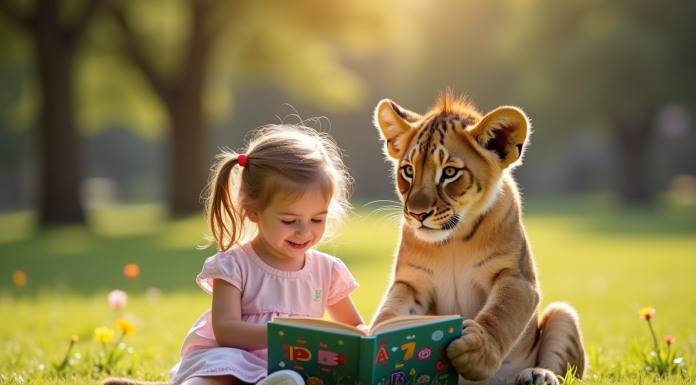 Jeune lionceau et petite fille lisant dans un parc ensoleille
