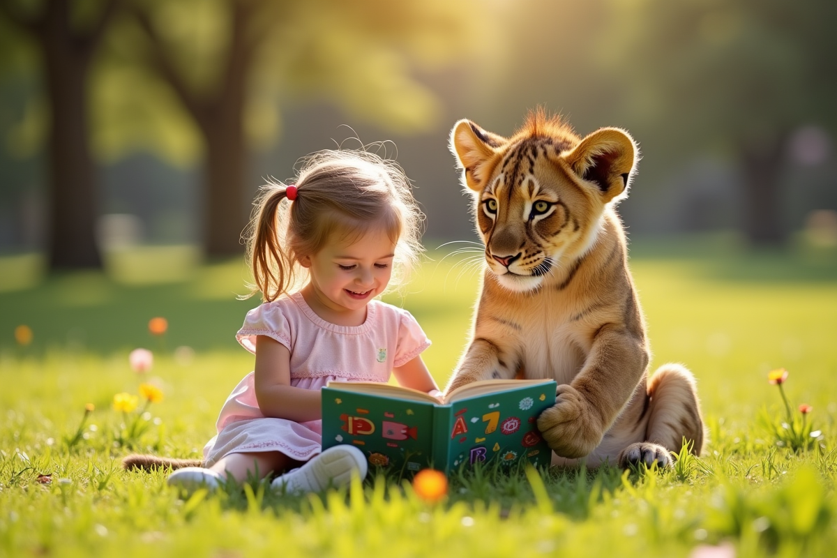 Jeune lionceau et petite fille lisant dans un parc ensoleille