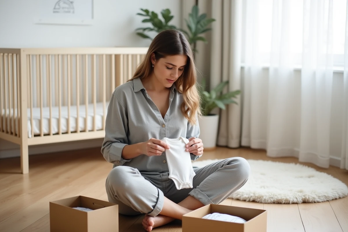 Jeune mère assise sur le sol d'une chambre de jumeaux minimaliste, consultant une liste de naissance minipouce entourée de petits vêtements de naissance pliés