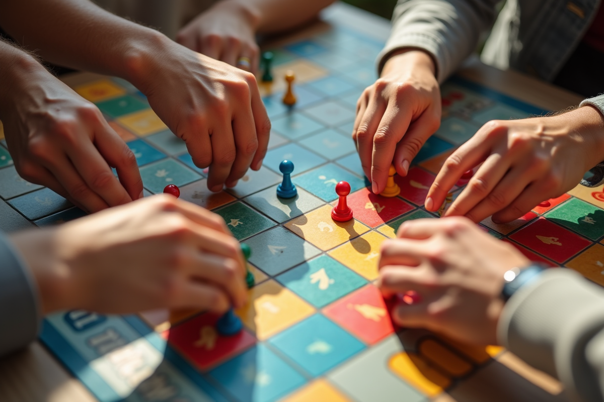 Mains collaborant sur un plateau de jeu coloré en famille
