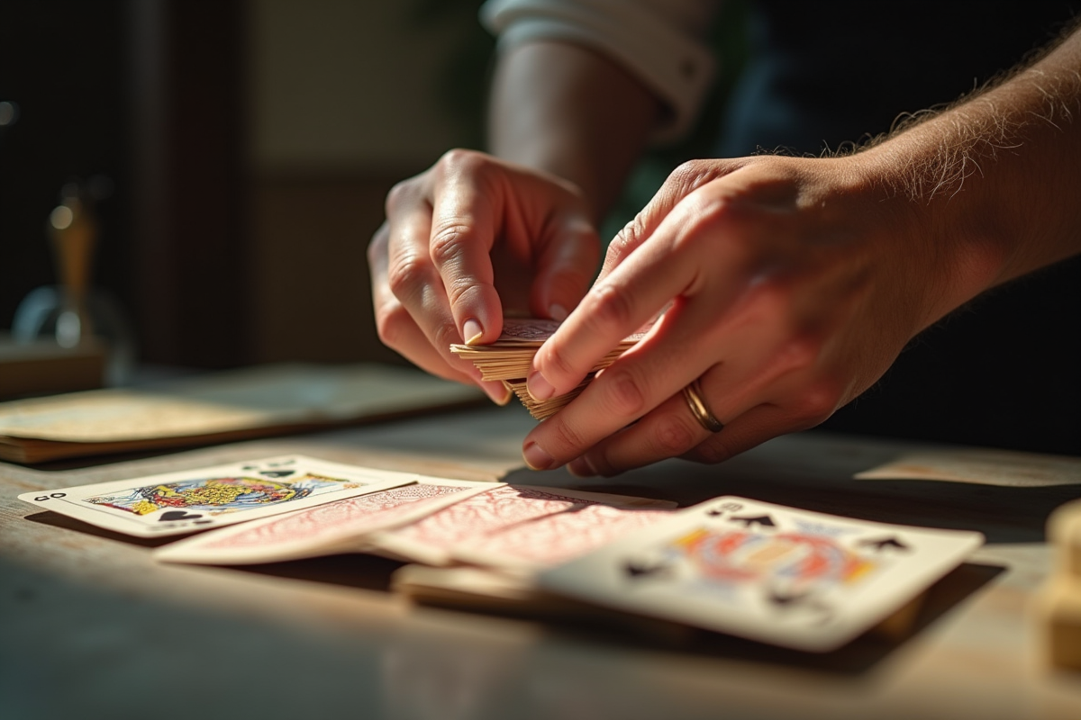 Mains mélangeant un jeu de cartes usé sous la lumière naturelle