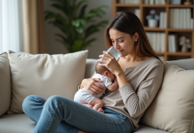 Allaitement : Boire pendant, recommandations pour les mamans Femme allaitant son bébé dans un salon chaleureux