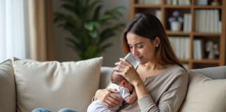 Allaitement : Boire pendant, recommandations pour les mamans Femme allaitant son bébé dans un salon chaleureux