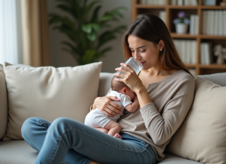 Allaitement : Boire pendant, recommandations pour les mamans Femme allaitant son bébé dans un salon chaleureux