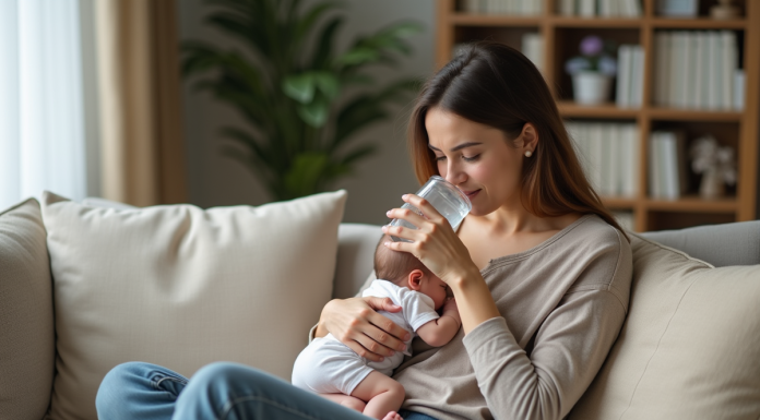 Allaitement : Boire pendant, recommandations pour les mamans Femme allaitant son bébé dans un salon chaleureux