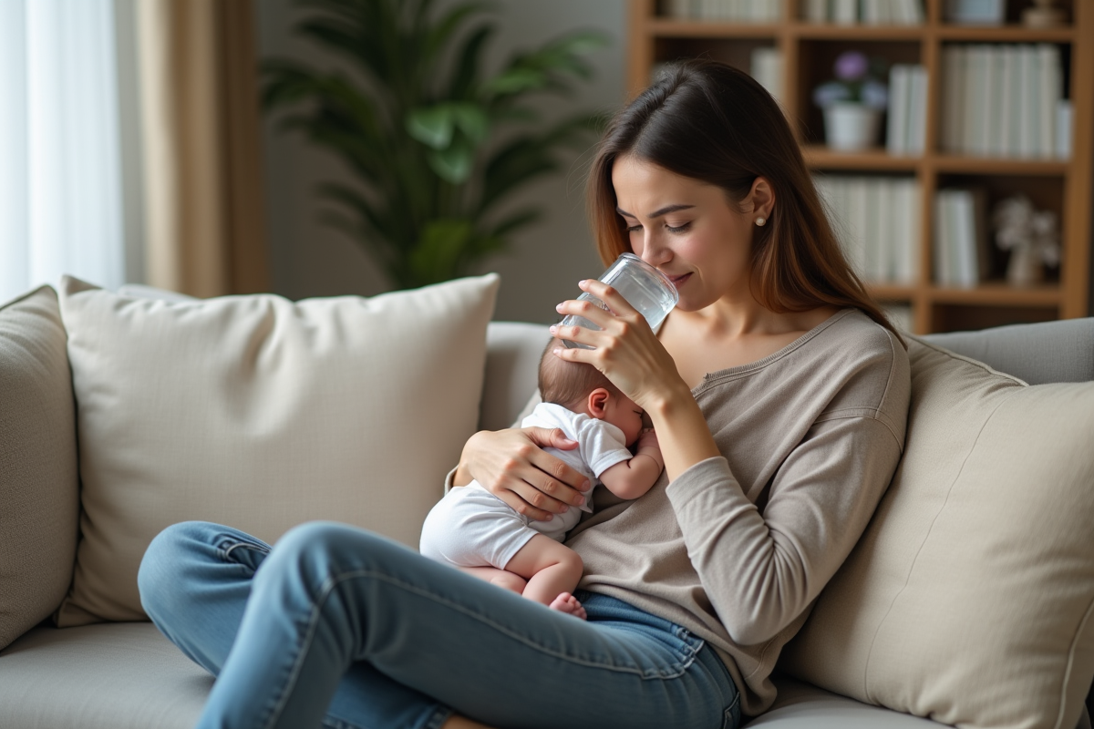 Femme allaitant son bébé dans un salon chaleureux