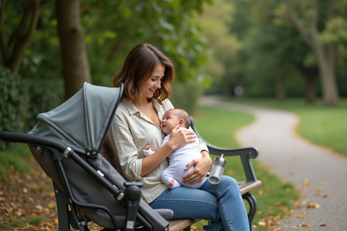 Jeune mère allaitant son bébé dans un parc verdoyant