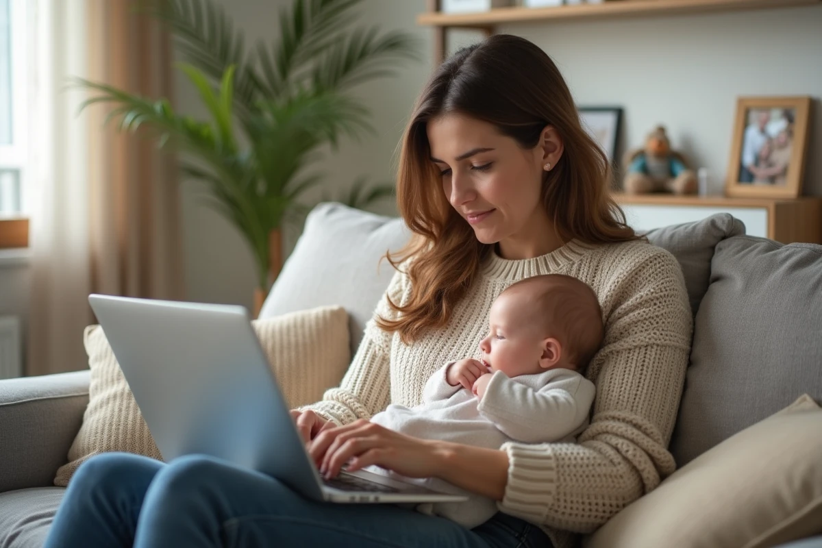 Femme assise avec bébé dans un salon lumineux