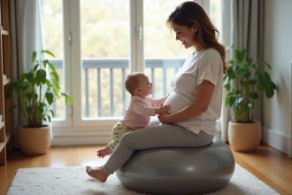 Jeune maman soutenant son bébé sur un ballon d'exercice