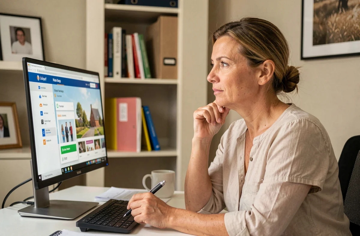 Femme dans la quarantaine réfléchissant aux objectifs d'Aupremierplan.fr depuis son bureau à domicile