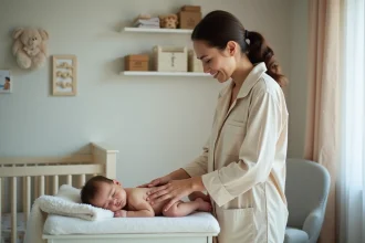Maman change un bébé endormi dans une nurserie calme