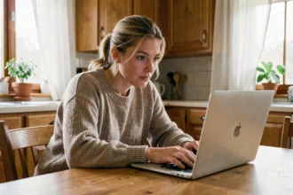 Maman dans la trentaine découvrant la plateforme Aupremierplan.fr sur son ordinateur portable dans une cuisine chaleureuse