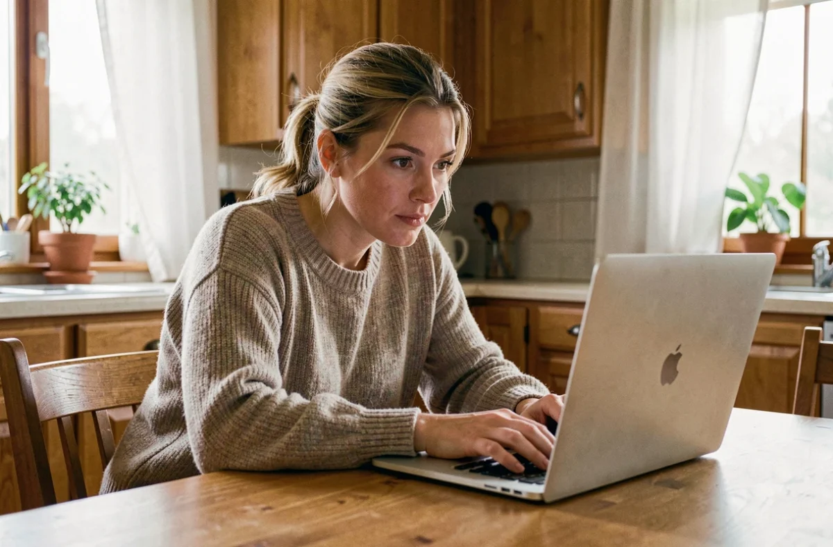 Maman dans la trentaine découvrant la plateforme Aupremierplan.fr sur son ordinateur portable dans une cuisine chaleureuse