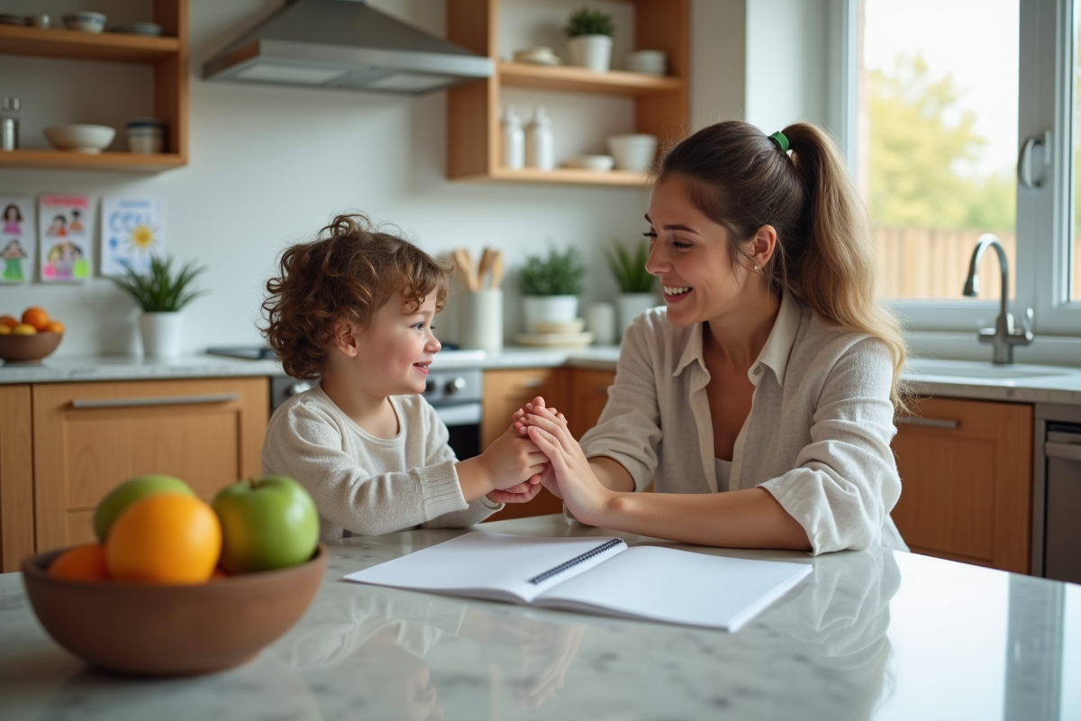 Mère aidant son enfant dans la cuisine lumineuse