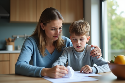 Mère inquiète avec son fils et dessin à la maison