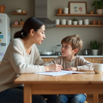 Enfant : comment gagner le respect de son enfant avec bienveillance ? Mère et enfant discutant à la table de cuisine