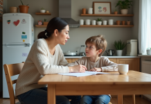 Enfant : comment gagner le respect de son enfant avec bienveillance ? Mère et enfant discutant à la table de cuisine